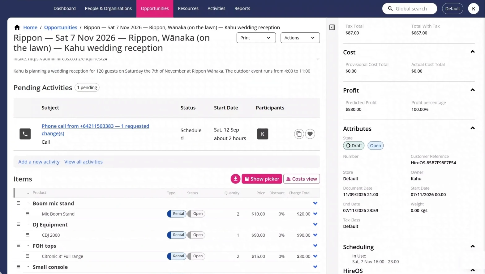 The job drafted in Current RMS: HireOS's notes on it, the customer's call logged as an activity, the items priced, and the job in Draft
